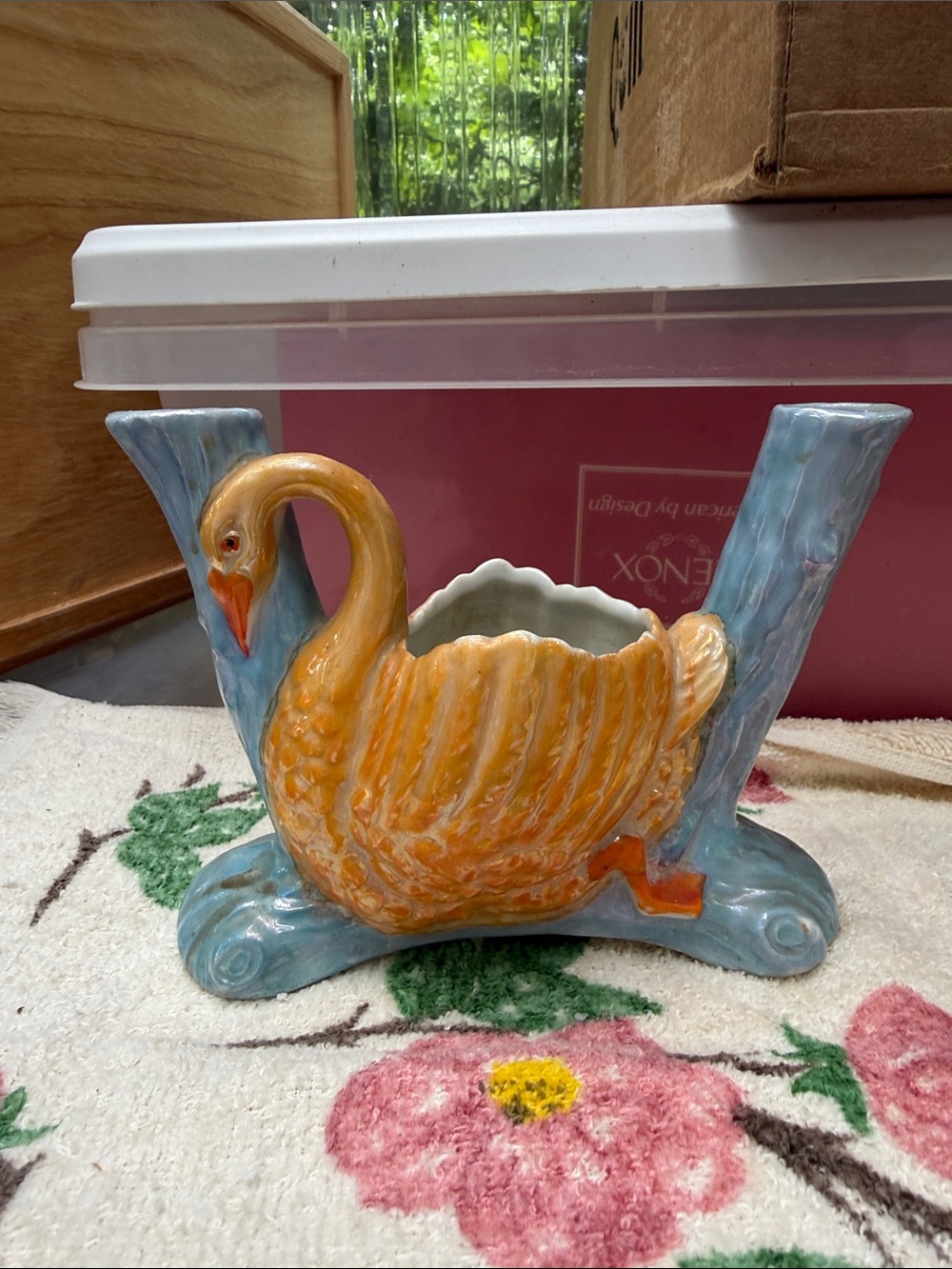Glazed Ceramic Swan Planter in Orange and Blue